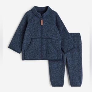 H&M New 12m Navy Blue Melange Zip Up Outfit Bundle Set, Fleece Lined, Warm